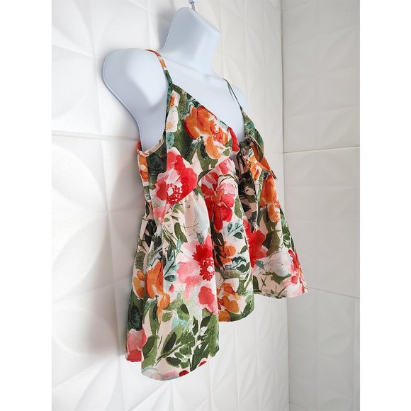 Floral Cropped Ruffle Tank Top Summer Swing Tropical Bow Boho S - Picture 2 of 12